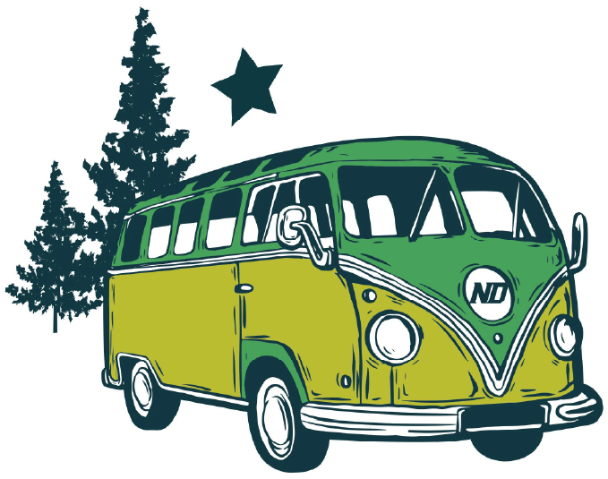 Volkswagon Bus illustration with trees and star in the background