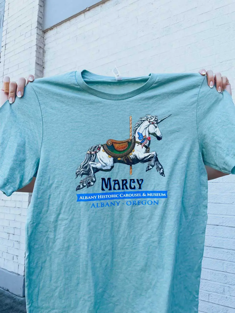 Person holding up a blue t-shirt with a screen printed carousel horse graphic