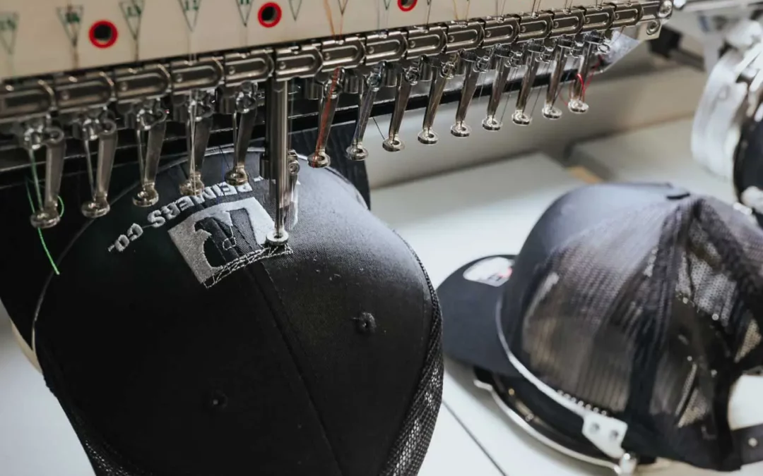 Baseball hats on an embroidery sewing machine