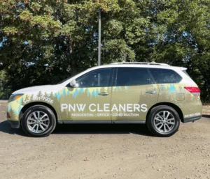 Vinyl Vehicle Wrap with green pine trees for PNW Cleaners Business