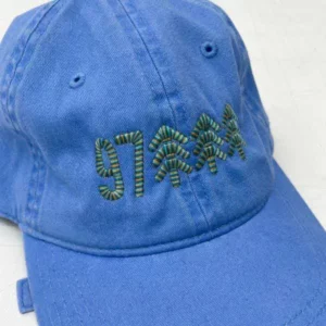 blue dad cap with multicolored thread embroidery