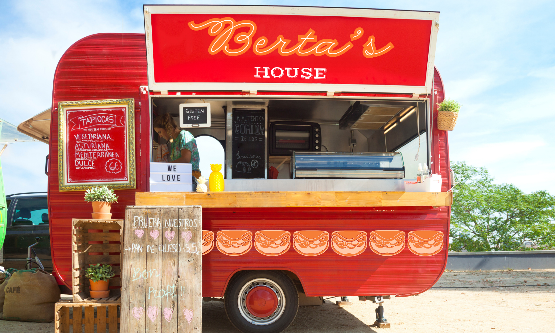 This is a smaller trailer style food truck, bright red, labeled "Bertai's House"