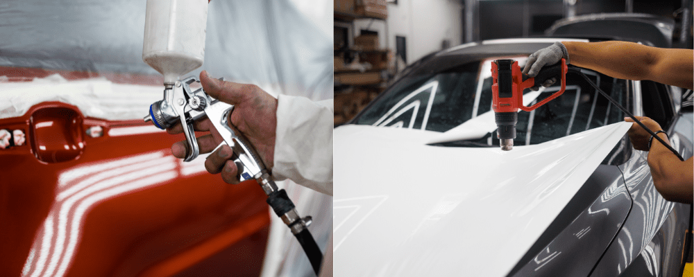 Left: An image of a Car being painted, Right: Image of a Car Wrap