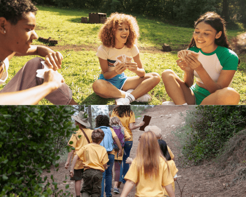 The top image shows campers playing cards and bonding. The bottom image shows a group of kids hiking while wearing the same shirt as the staff member