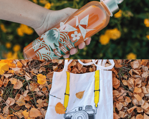 The top photo showcases a waterbottle with an impactful design. The bottom photo showcases a a clever design for a tote related to photography.