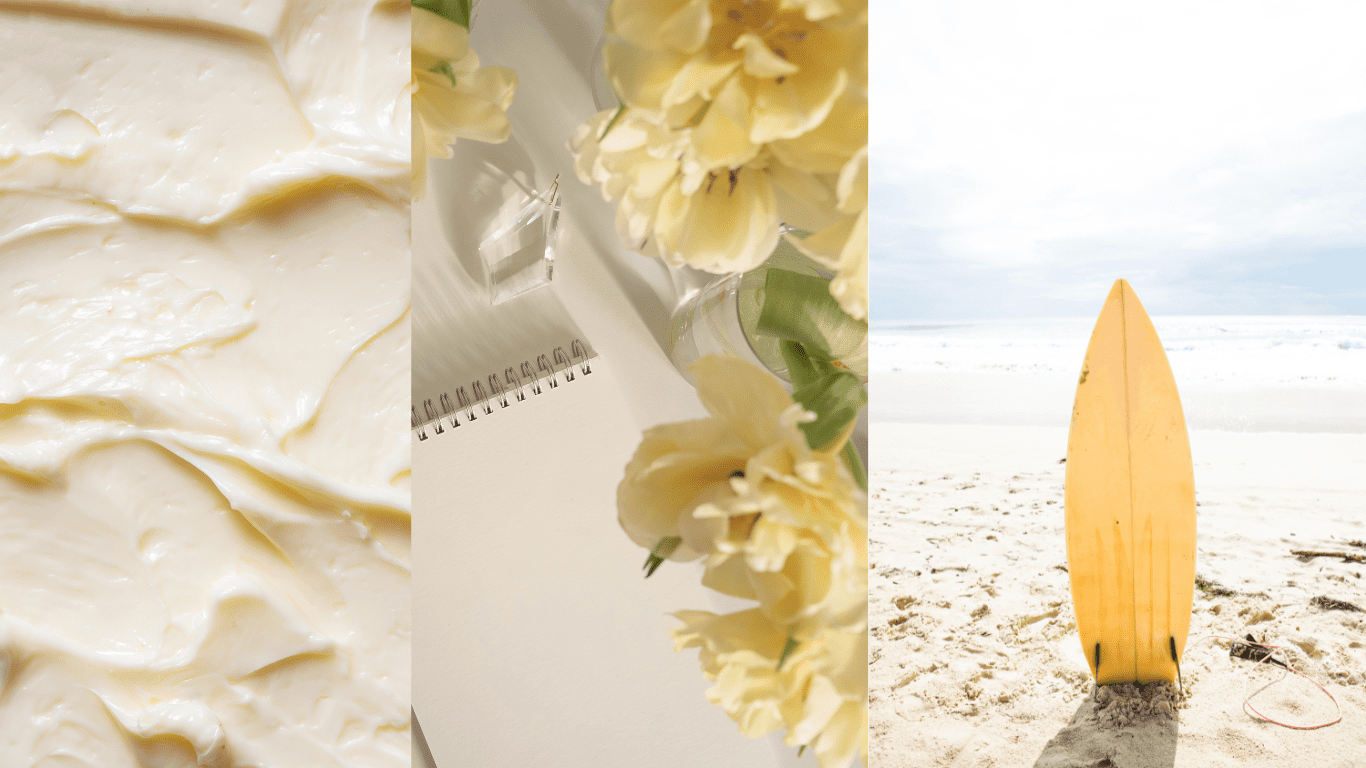 Spring color warm butter featuring soft butter, tulips, and a surfboard.