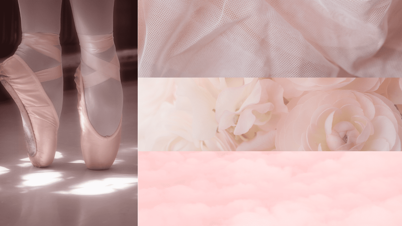 Spring color ballerina pink featuring ballerina shoes, tulle, fowers, and pink clouds.