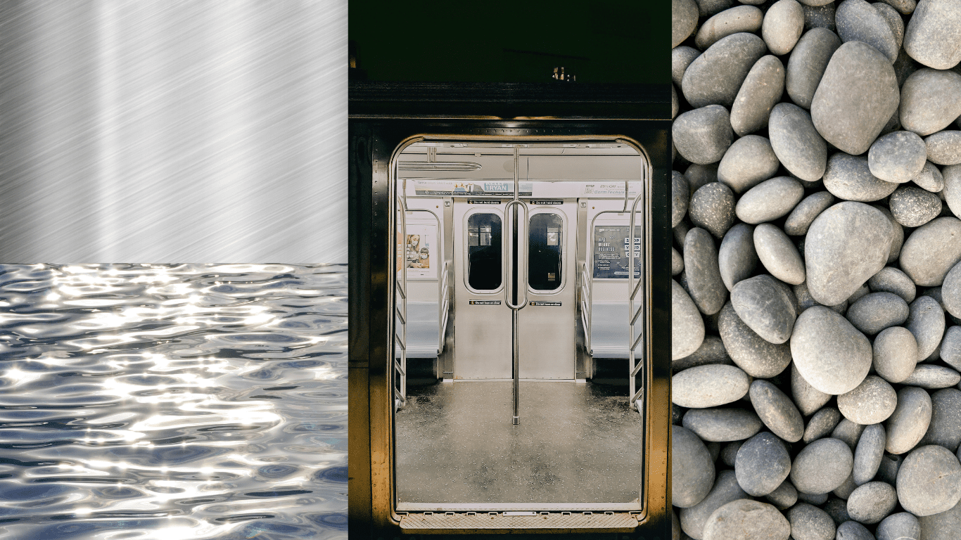 Steel grey examples featurign steel, water reflection, subway doors, and pebbles.