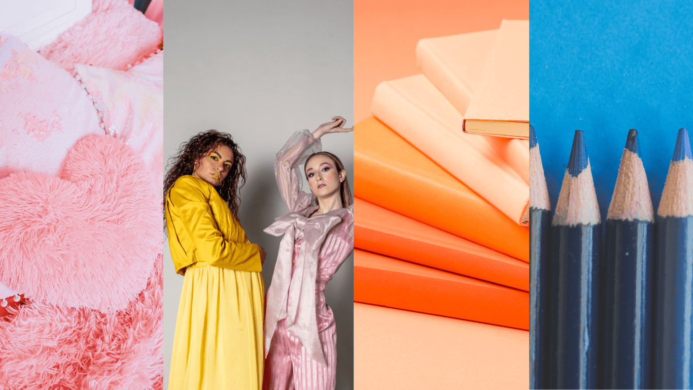 An array of pink pillows, outfits wearing only yellow and pink garments, a stack of different shades of orange notebooks, and blue colored pencils.