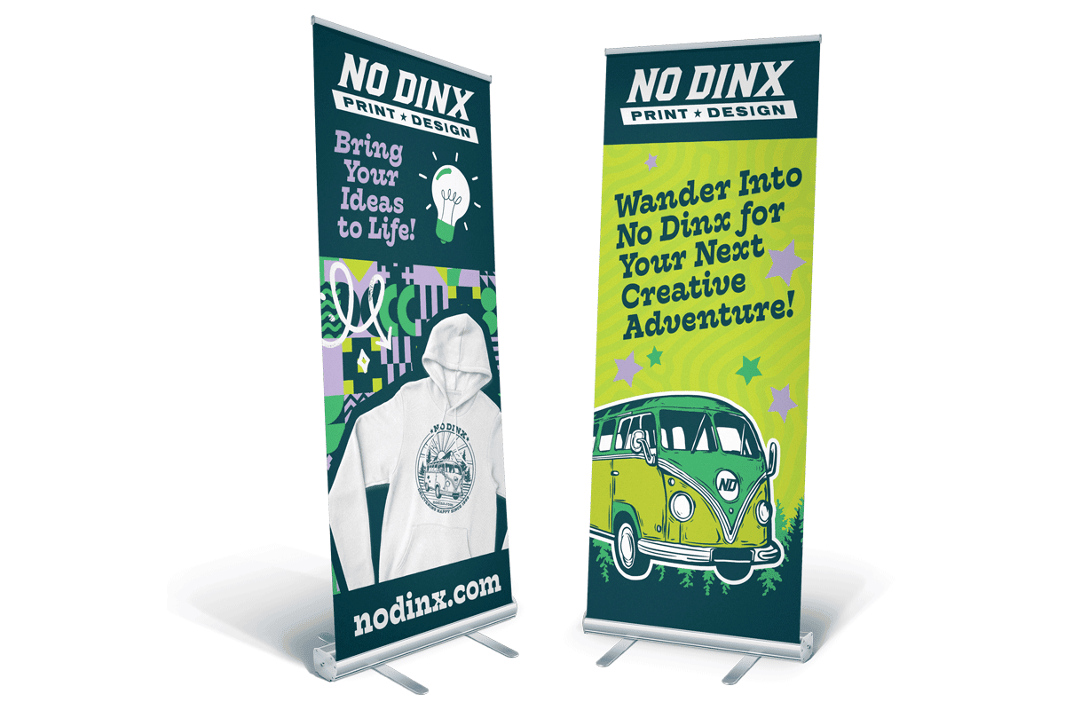 Two Retractable Promotion Banners Branded for No Dinx