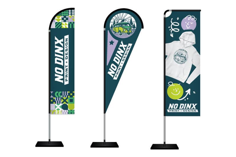 Three Types of Free Standing Promotion Flags Branded for No Dinx